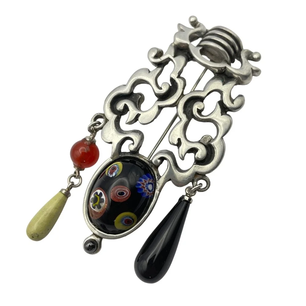 Vintage Modernist Millefiori Brooch and Clip On Earring‎ Set Statement Jewelry